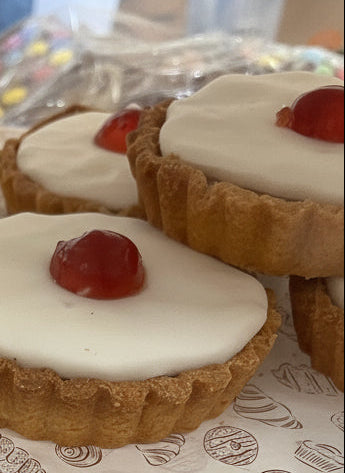 The Quintessential Cherry Bakewell Tart price for 1 tart. Tart measurements Diameter: 3" height 1" We happily cater to all dietary needs—just ask!"